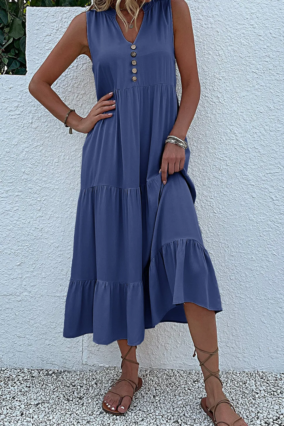 Vestido de Verão com Botões Preto Midi Linha-A Decote em V