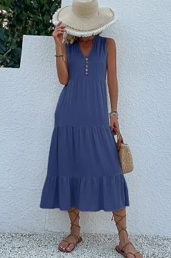 Vestido de Verão com Botões Preto Midi Linha-A Decote em V