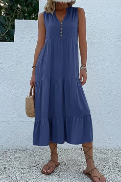 Vestido de Verão com Botões Preto Midi Linha-A Decote em V