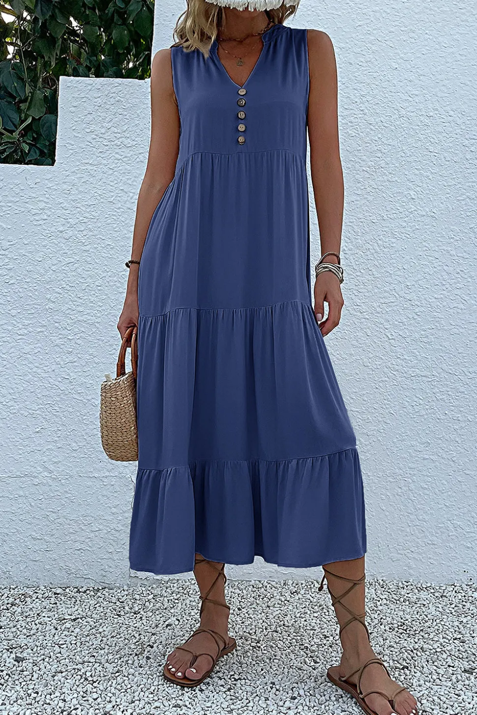 Vestido de Verão com Botões Preto Midi Linha-A Decote em V