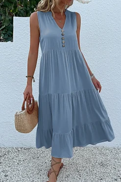 Vestido de Verão com Botões Preto Midi Linha-A Decote em V