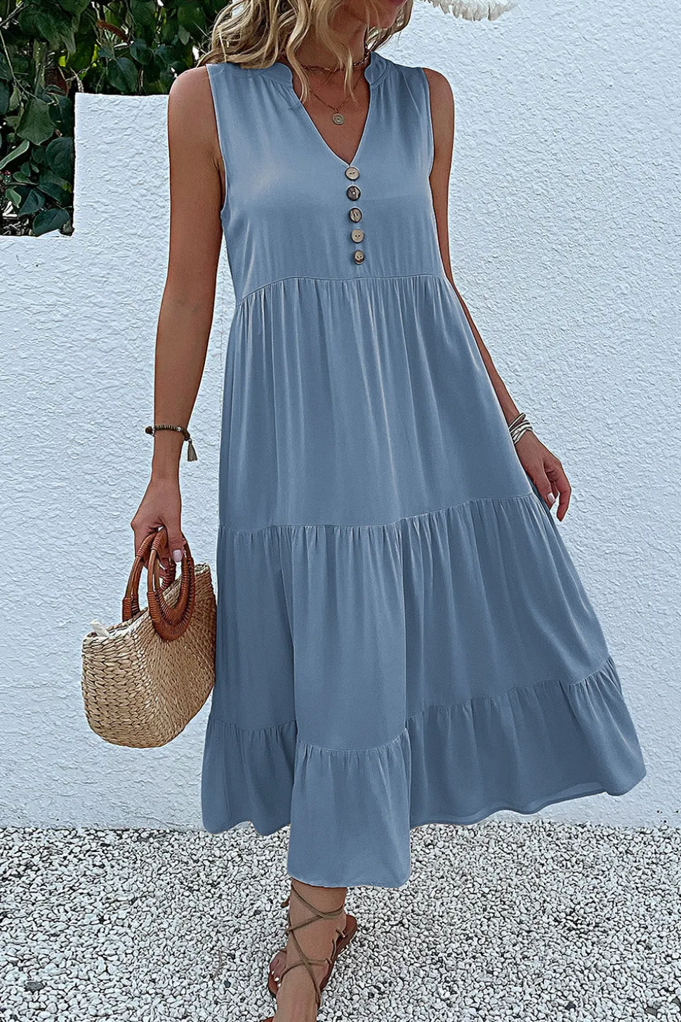 Vestido de Verão com Botões Preto Midi Linha-A Decote em V
