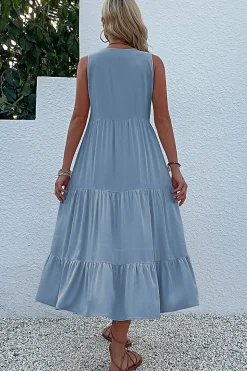Vestido de Verão com Botões Preto Midi Linha-A Decote em V