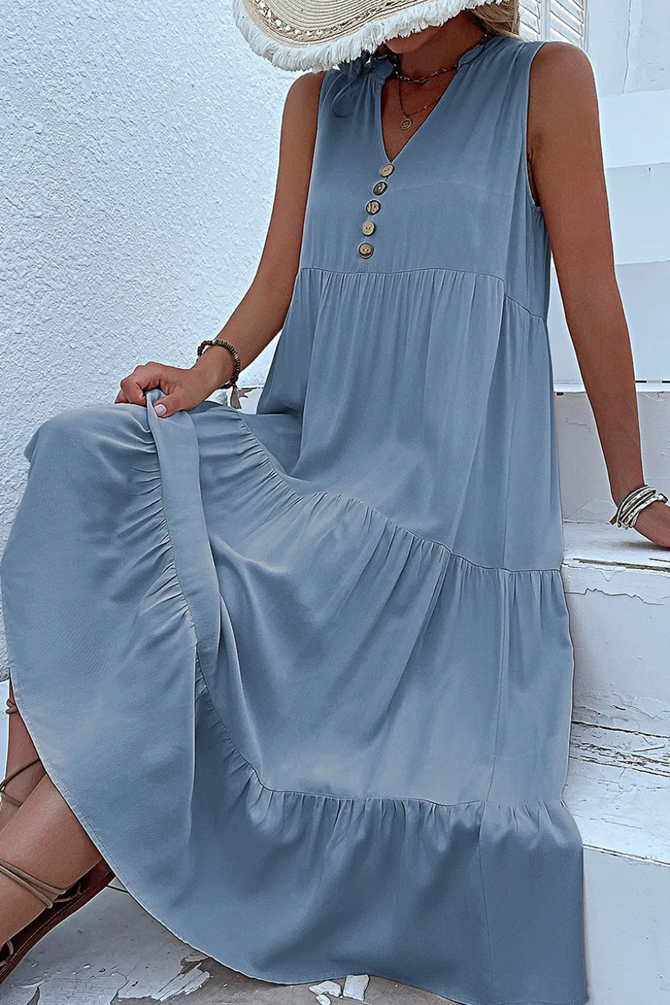 Vestido de Verão com Botões Preto Midi Linha-A Decote em V