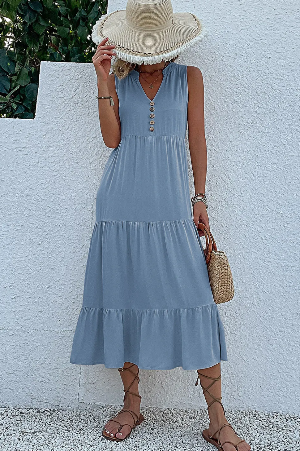 Vestido de Verão com Botões Preto Midi Linha-A Decote em V