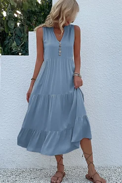 Vestido de Verão com Botões Preto Midi Linha-A Decote em V