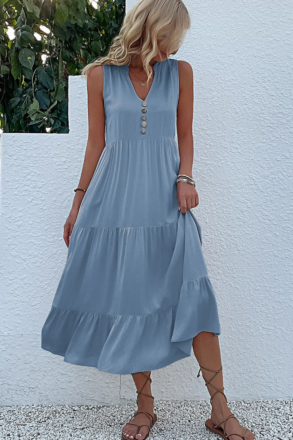 Vestido de Verão com Botões Preto Midi Linha-A Decote em V