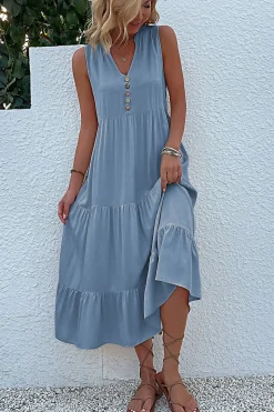 Vestido de Verão com Botões Preto Midi Linha-A Decote em V