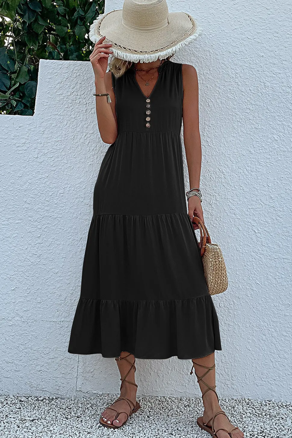 Vestido de Verão com Botões Preto Midi Linha-A Decote em V