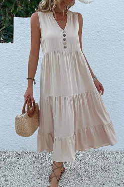 Vestido de Verão com Botões Preto Midi Linha-A Decote em V