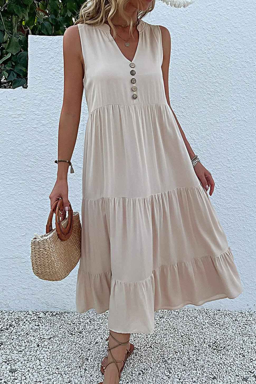 Vestido de Verão com Botões Preto Midi Linha-A Decote em V