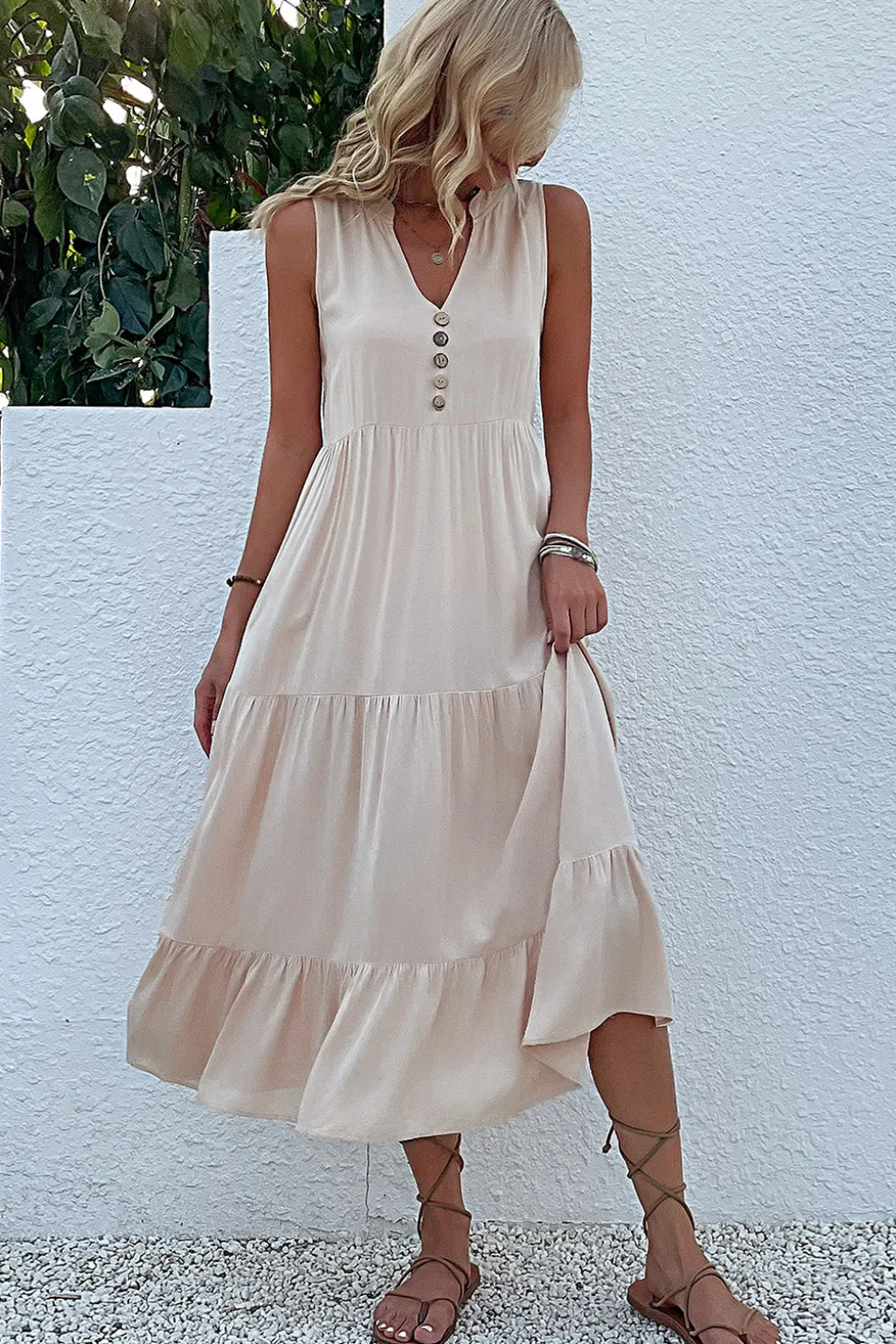 Vestido de Verão com Botões Preto Midi Linha-A Decote em V