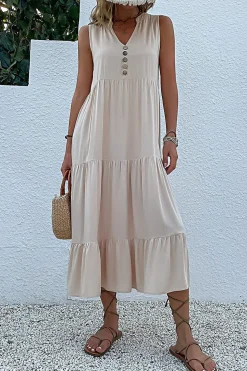 Vestido de Verão com Botões Preto Midi Linha-A Decote em V