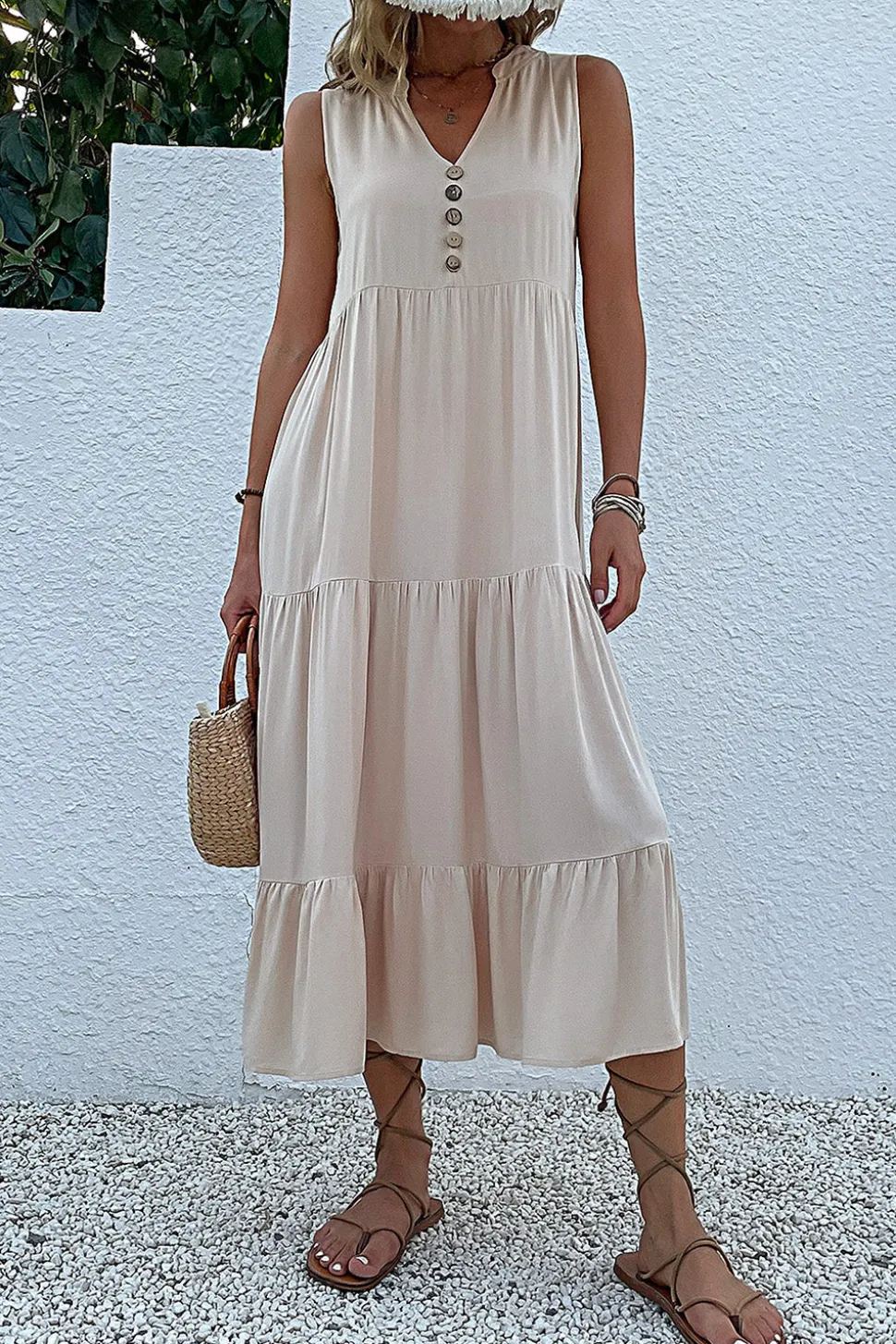 Vestido de Verão com Botões Preto Midi Linha-A Decote em V