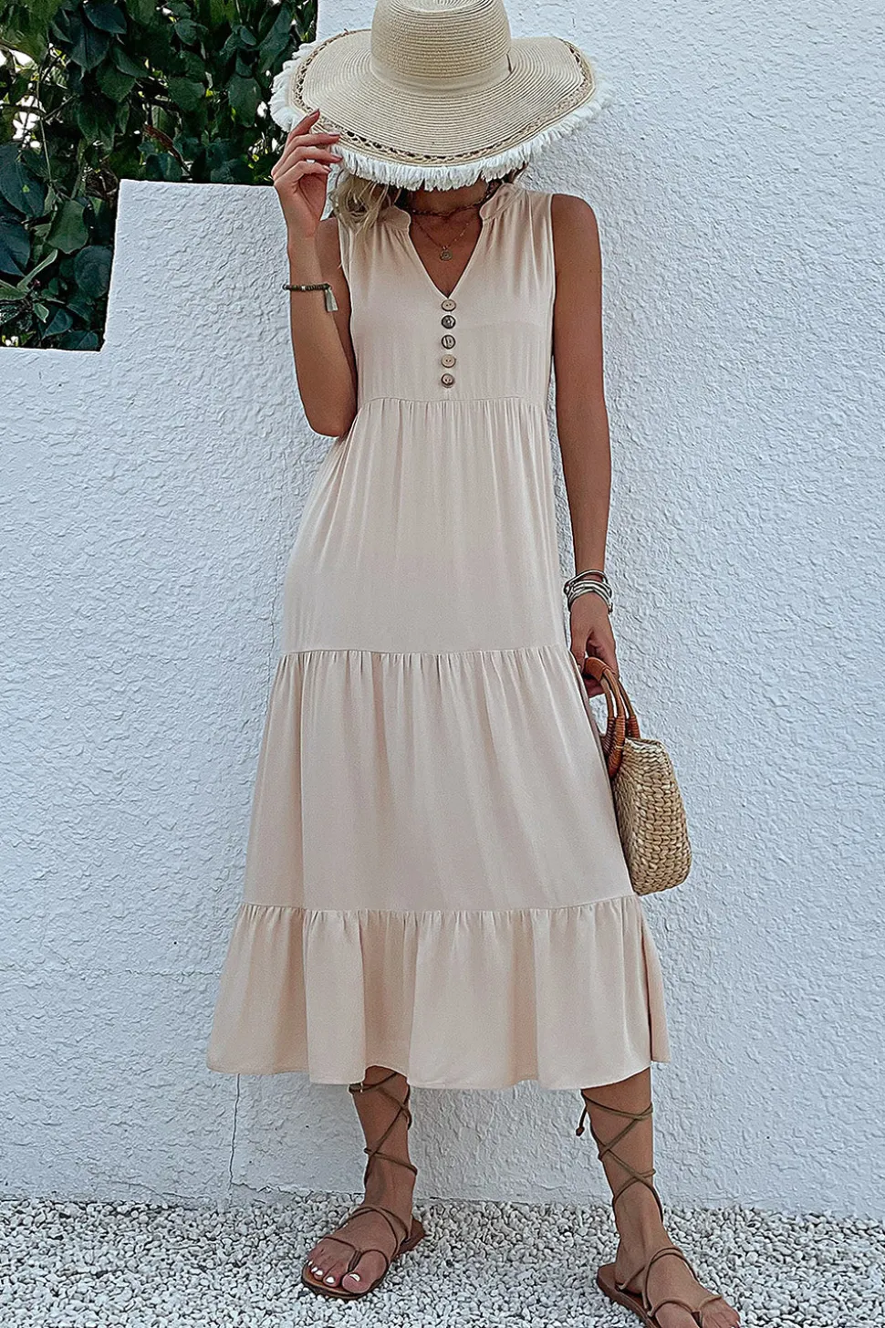 Vestido de Verão com Botões Preto Midi Linha-A Decote em V
