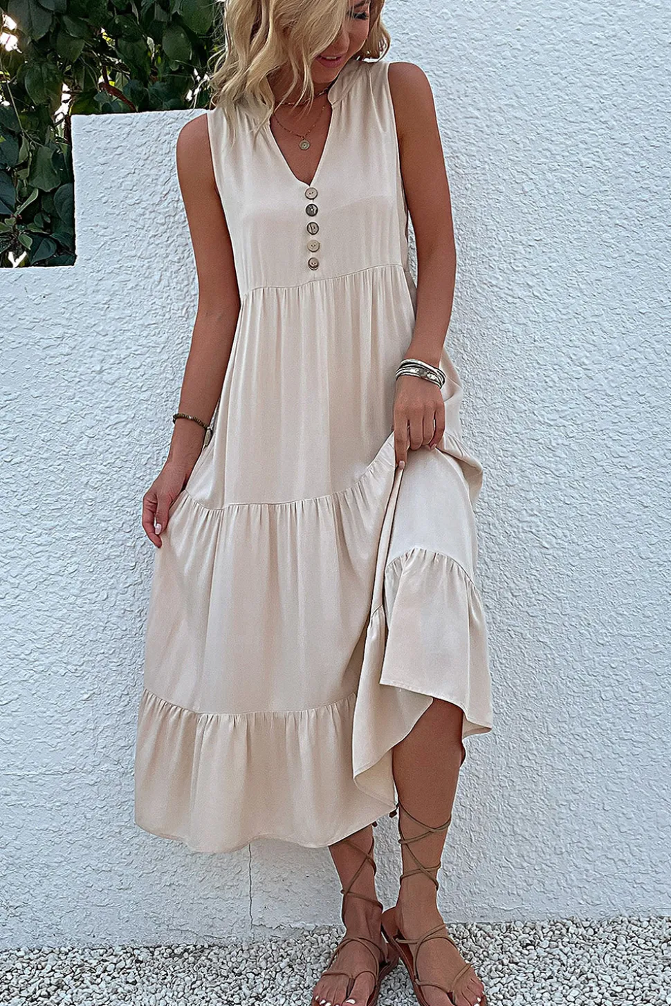 Vestido de Verão com Botões Preto Midi Linha-A Decote em V