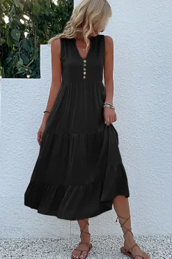Vestido de Verão com Botões Preto Midi Linha-A Decote em V