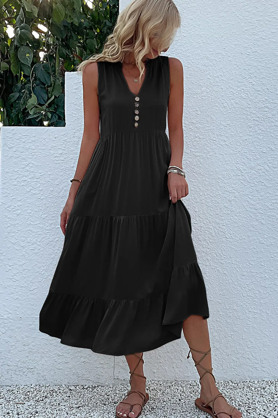 Vestido de Verão com Botões Preto Midi Linha-A Decote em V