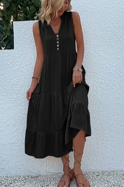 Vestido de Verão com Botões Preto Midi Linha-A Decote em V