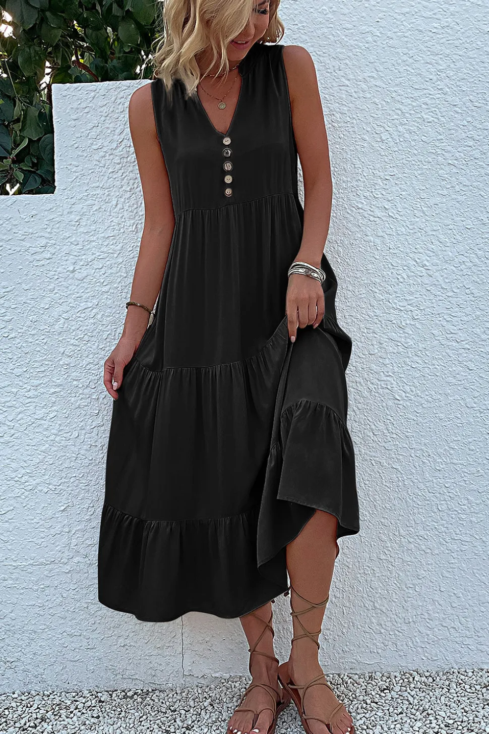 Vestido de Verão com Botões Preto Midi Linha-A Decote em V