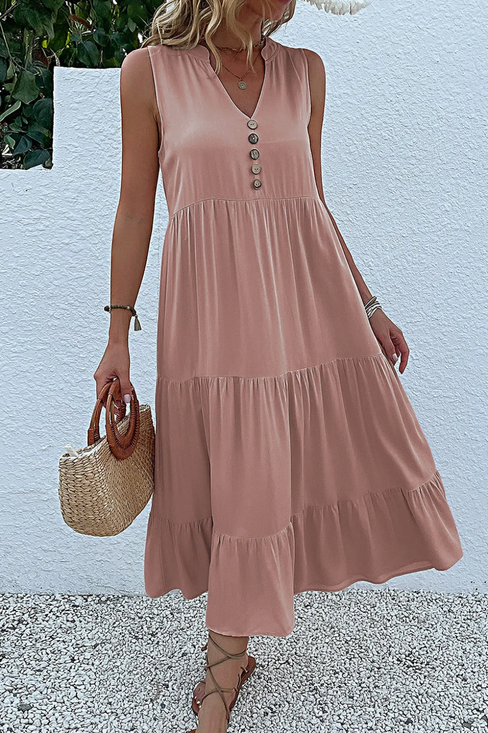 Vestido de Verão com Botões Preto Midi Linha-A Decote em V