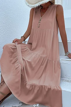 Vestido de Verão com Botões Preto Midi Linha-A Decote em V
