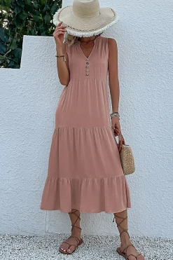 Vestido de Verão com Botões Preto Midi Linha-A Decote em V
