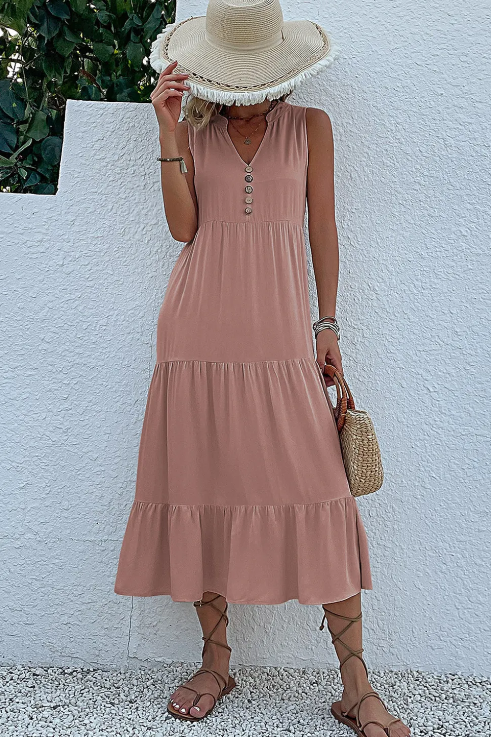 Vestido de Verão com Botões Preto Midi Linha-A Decote em V