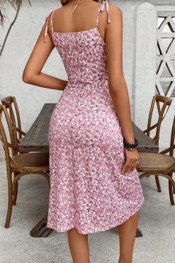 Vestido de Verão com Fenda Bainha Floral Rosa Mini Alças Finas