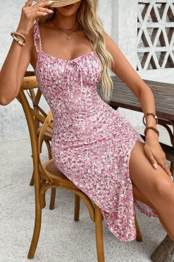 Vestido de Verão com Fenda Bainha Floral Rosa Mini Alças Finas