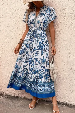 Vestido de Verão com Mangas Curtas Flor Azul Branco Linha-A