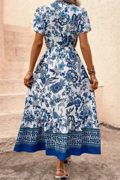 Vestido de Verão com Mangas Curtas Flor Azul Branco Linha-A