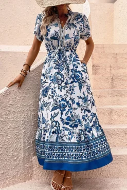 Vestido de Verão com Mangas Curtas Flor Azul Branco Linha-A