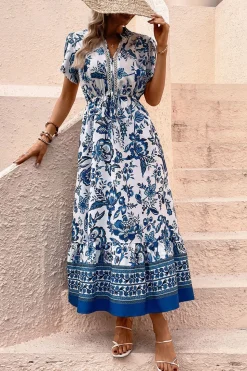 Vestido de Verão com Mangas Curtas Flor Azul Branco Linha-A