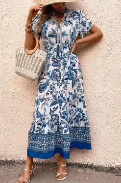 Vestido de Verão com Mangas Curtas Flor Azul Branco Linha-A