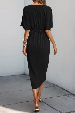 Vestido de Verão com Meias Mangas Preto Decote em V Bainha