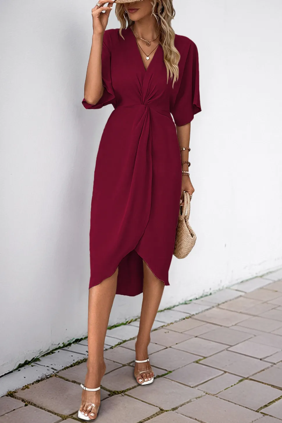 Vestido de Verão com Meias Mangas Preto Decote em V Bainha