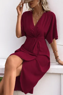 Vestido de Verão com Meias Mangas Preto Decote em V Bainha
