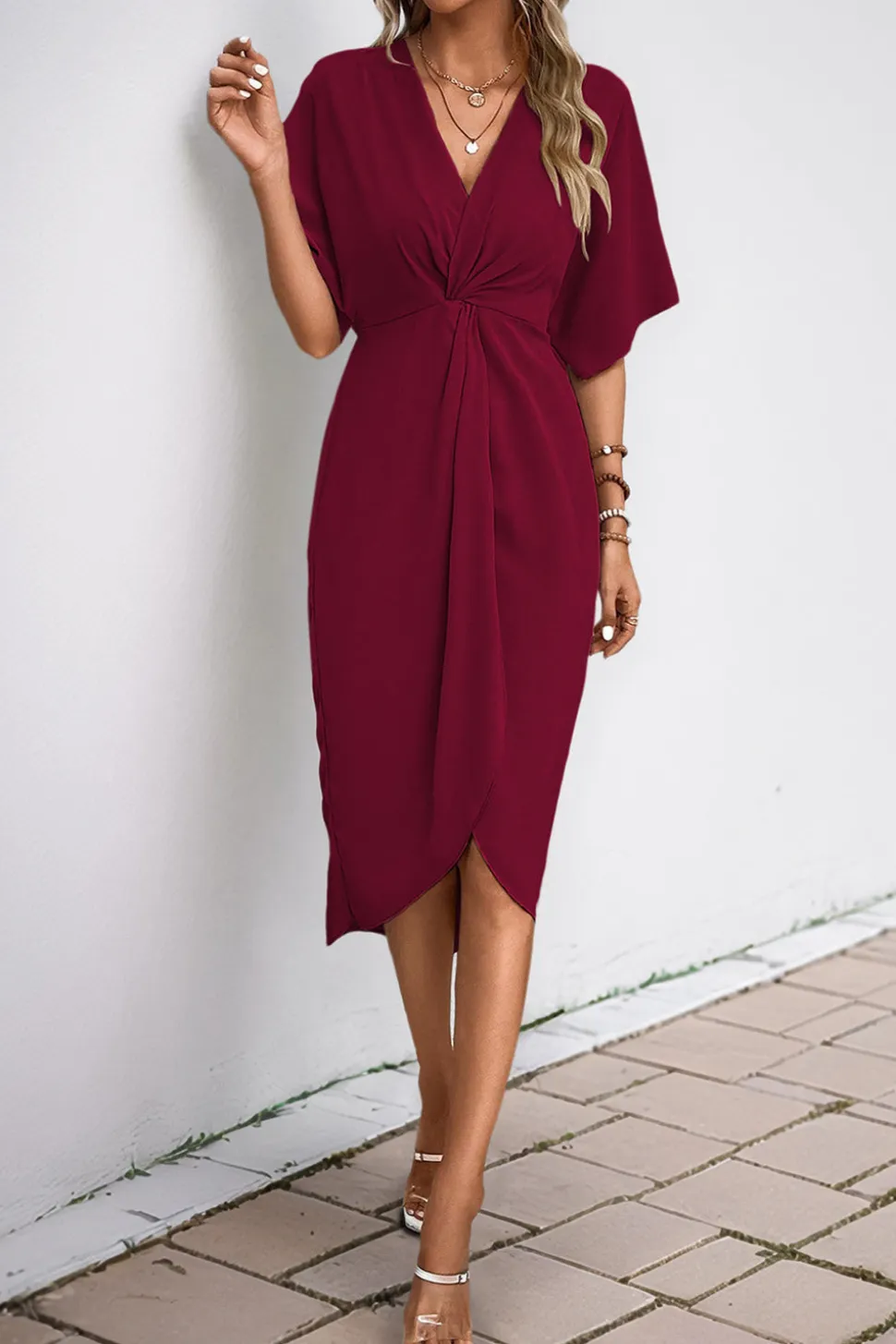 Vestido de Verão com Meias Mangas Preto Decote em V Bainha