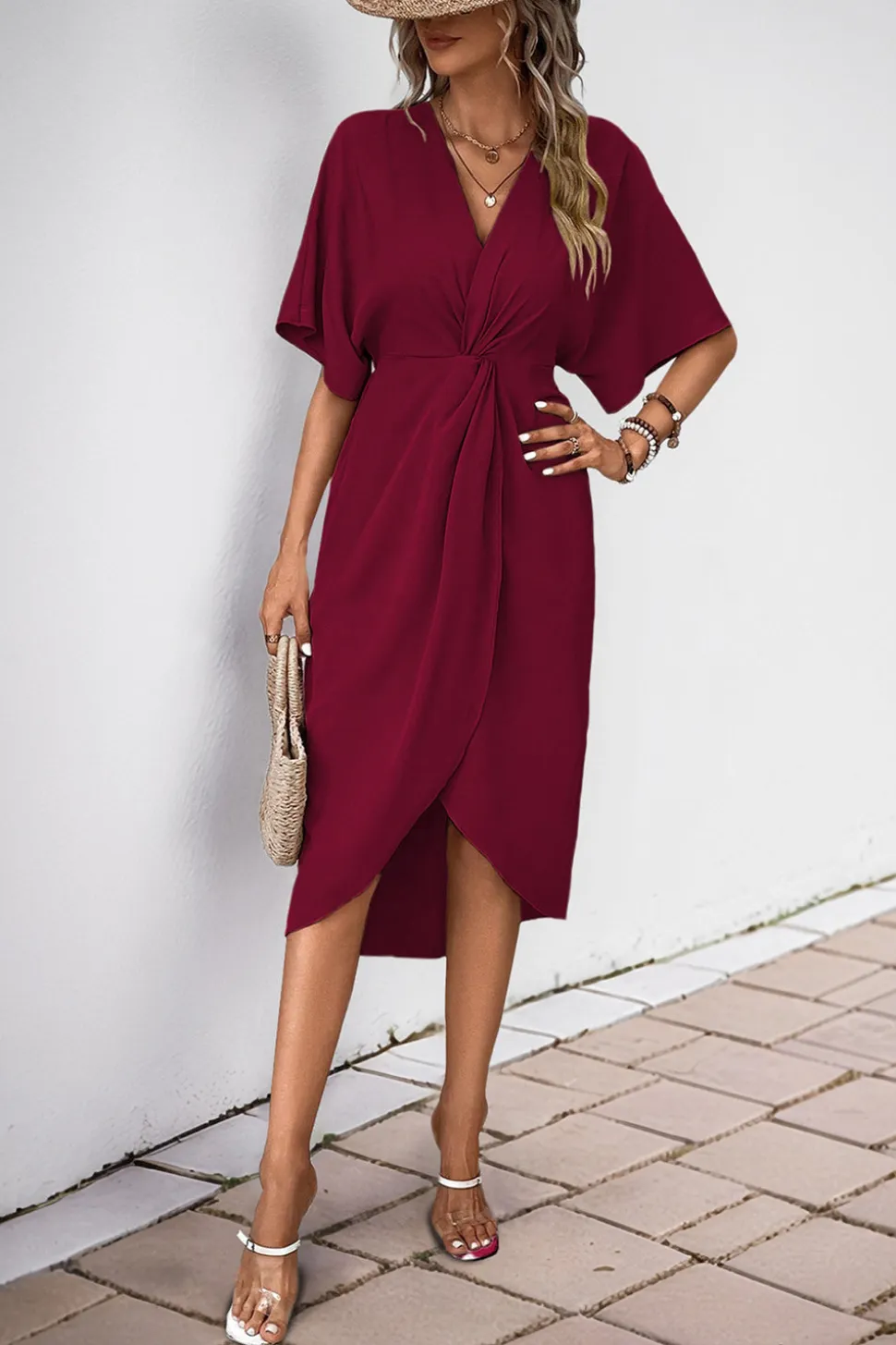 Vestido de Verão com Meias Mangas Preto Decote em V Bainha
