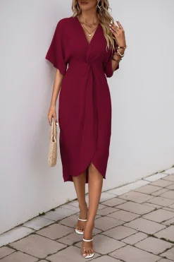 Vestido de Verão com Meias Mangas Preto Decote em V Bainha