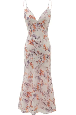 Vestido de verão de impressão de flor roxa branca