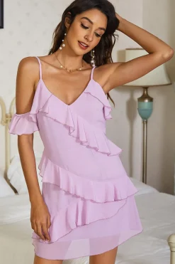 Vestido de verão de spaghetti lilás com folhos