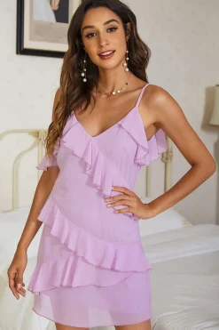 Vestido de verão de spaghetti lilás com folhos