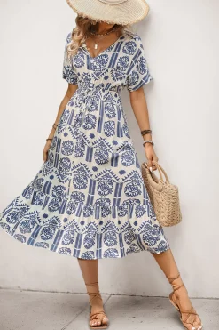 Vestido de Verão Decote em V Azul Linha-A Midi Mangas Curtas