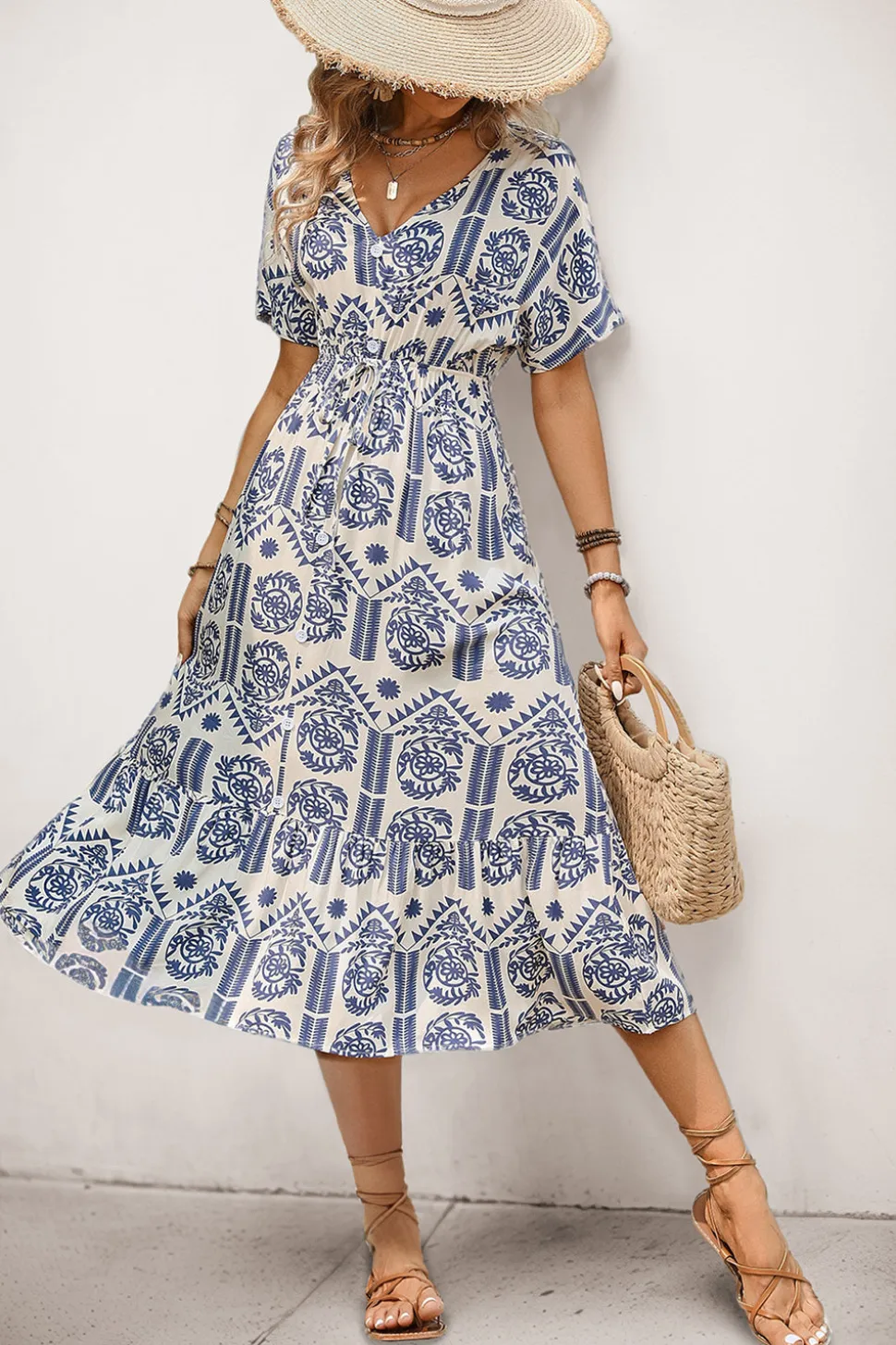 Vestido de Verão Decote em V Azul Linha-A Midi Mangas Curtas
