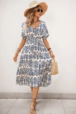 Vestido de Verão Decote em V Azul Linha-A Midi Mangas Curtas
