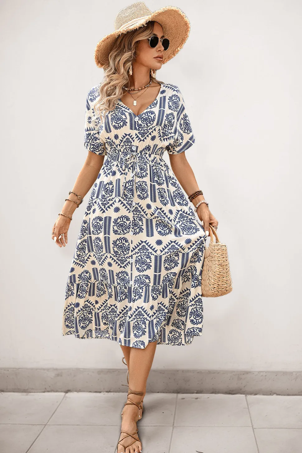 Vestido de Verão Decote em V Azul Linha-A Midi Mangas Curtas
