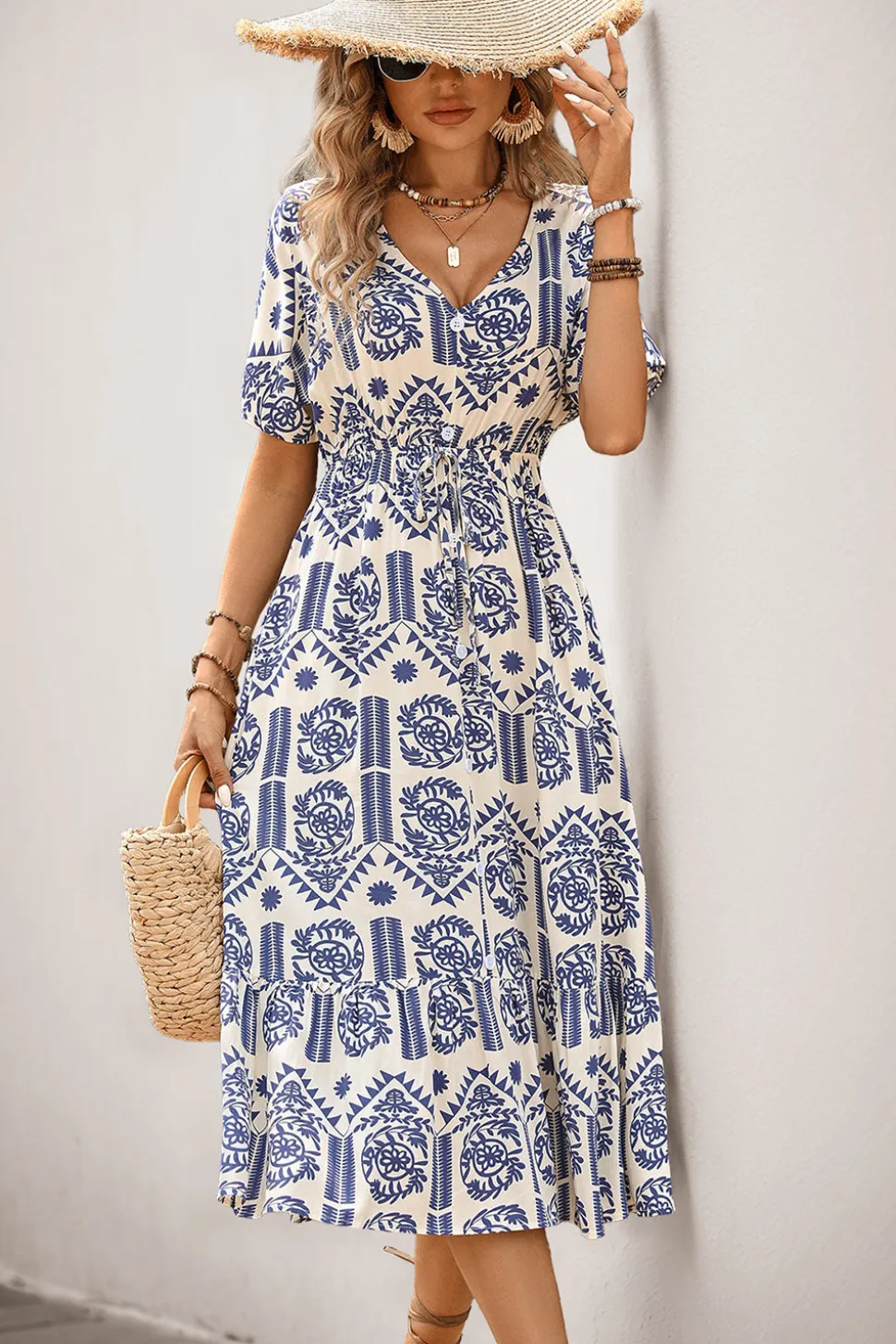 Vestido de Verão Decote em V Azul Linha-A Midi Mangas Curtas