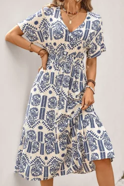 Vestido de Verão Decote em V Azul Linha-A Midi Mangas Curtas